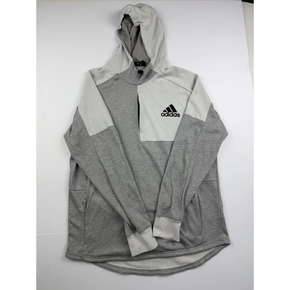 Adidas Hoodie Pullover Sweatshirt Gray White Colorblock‎ Fleece Lined Men's XL
